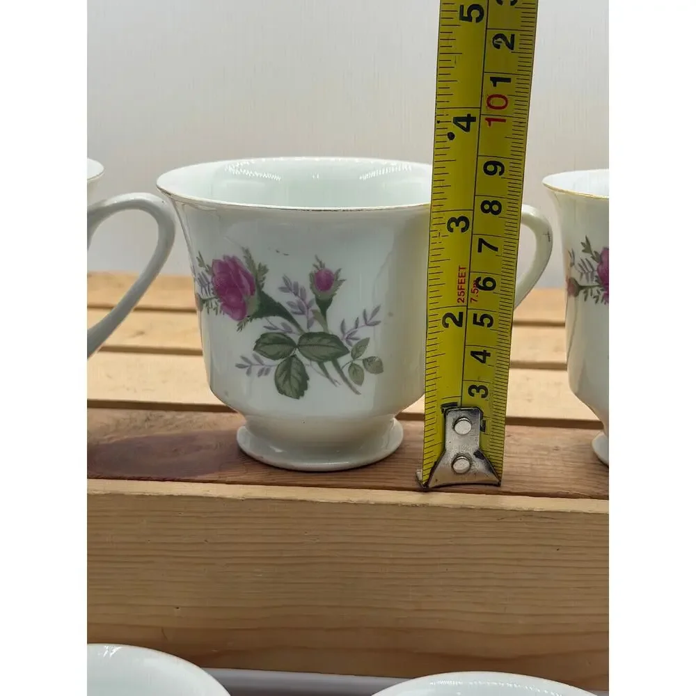 Vintage Pink Rose Porcelain Teacups with Gold Trim – Set of 5